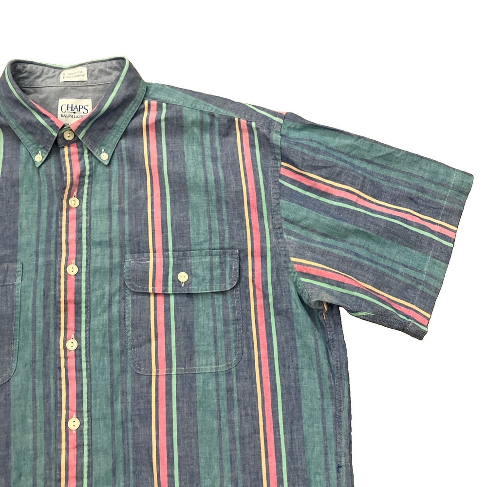 Chaps Ralph‎ Lauren Blue Pink Striped Short Sleeve Button-Up Shirt Sz Large